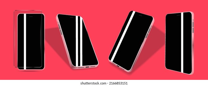 Mobile phone tilted from four sides on a blue background. Smartphone with black glass and glare on the screen. Realistic modern phone presentation. Layout for your design