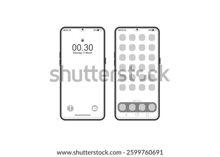 Mobile phone touch screen line icon vector design template of locked screen and menu screen.
