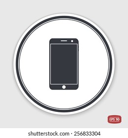 Mobile phone with touchscreen. Flat design style. Made in vector. Emblem or label with shadow.