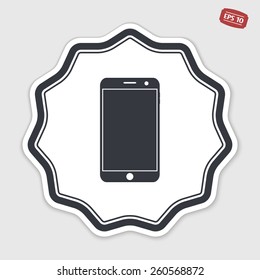 Mobile phone with touchscreen. Flat design style. Made in vector. Emblem or label with shadow.