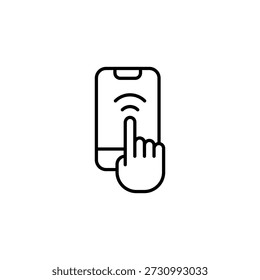 Icono de contorno de interacción de pantalla táctil de teléfono móvil con señal inalámbrica