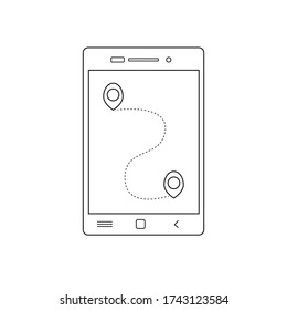 Mobile Phone With Tracker Isolated On White.  Geo Location Phone Vector Outline Icon, For Web, App, Coloring Book