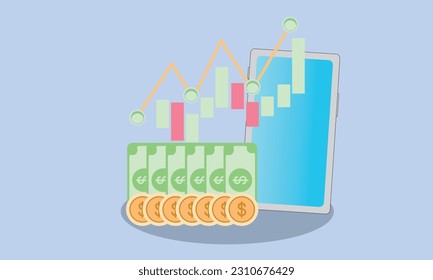 Mobile phone trading funding business graph on creative solution. money coin growing business for finance, investment, notification online payment.