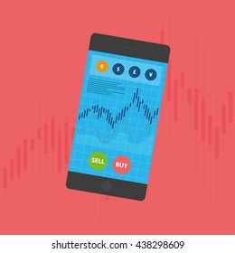 Mobile phone trading vector illustration on red background. Mobile application on phone. Trading app illustration. Finance stock market design. Stock exchange technology.