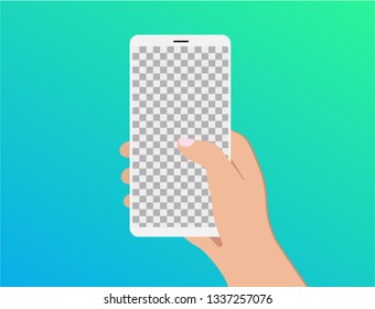 Mobile phone transparent screen, isolated flat style. Vector smartphone in hand icon with space for your text message on transparent display with gradient background