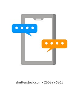 Ein Mobiltelefon mit zwei Chatblasen, die eine Unterhaltung oder Kommunikation darstellen. 