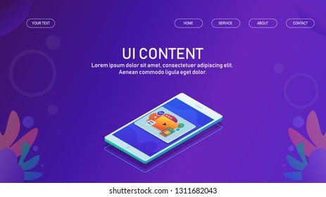 Mobile phone UI, UI Content, User content experience, Application flat design 3D isometric banner