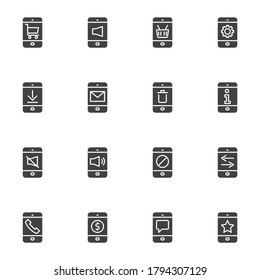 Mobile phone UI vector icons set, modern solid symbol collection, smartphone interface screen filled style pictogram pack. Signs logo illustration. Set includes icons - cell phone settings information