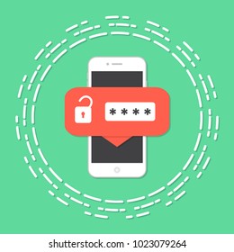 Mobile phone unlocked notification button and password field vector, concept of smartphone security, personal access, user authorization, login, protection technology.