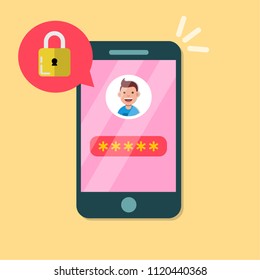 Mobile phone unlocked notification button and password field vector, concept of smartphone security, personal access, user authorization, login, protection technology

