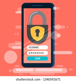Mobile Phone Unlocked Notification Button and Password Field Vector, Concept of Smartphone Security, Personal Access, User Authorization, Login, Protection Technology. New 2019 Color Living Coral