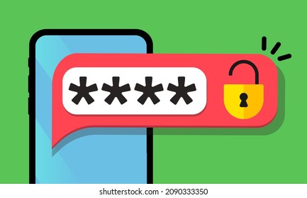 Handy-Entsperren-Benachrichtigungsknopf und Passwortfeld-Vektor, Konzept der Smartphone-Sicherheitswarnung, persönlicher Zugriff, Benutzerautorisierung, Login, Symbol für Sicherheitstechnologie
