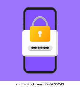 Botón de notificación desbloqueado de teléfono móvil y vector de aviso de campo de contraseña, concepto de alerta de seguridad de smartphone, acceso personal, autorización de usuario, inicio de sesión, icono de tecnología de protección.