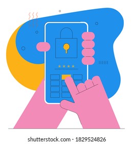 El teléfono móvil es desbloqueo y el vector de aviso de campo de contraseña, concepto de seguridad de smartphone, acceso personal, autorización de usuario, inicio de sesión, tecnología de protección icono