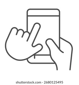 Handy aufrecht in der Hand dünne Linie Symbol, mit Smartphone-Konzept, Touchscreen mit Zeigefinger Zeichen auf weißem Hintergrund, Umriss Stil Symbol für Handy und Web-Design. Vektorgrafiken
