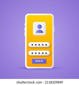 A mobile phone with a user account to log into the website. Vector 3d illustration.