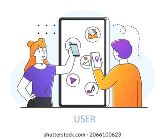 Concepto de usuario de teléfono móvil. Hombre y mujer sujetando los teléfonos inteligentes en sus manos y usando programas instalados. Pasos para crear la aplicación. Lanzamiento de producto digital. Dibujo vectorial plano de dibujos animados