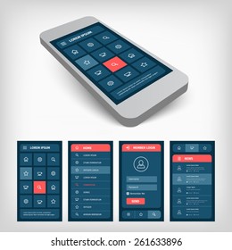 Mobile phone with user interface design template. 3d vector illustration. Modern muted color blue and red design. 