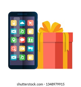 Mobile Phone With User Interface on Screen, Next to it is a Gift Box Tied with a Ribbon with a Big Bow. Smartfon online shop. Buying gifts for the holiday. Flat style. Vector illustration.