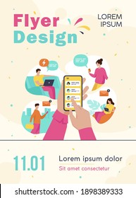 Mobile phone user sharing news online, sending messages to friends, holding cellphone with contact list on screen. Vector illustration for refer a friend, email marketing concept