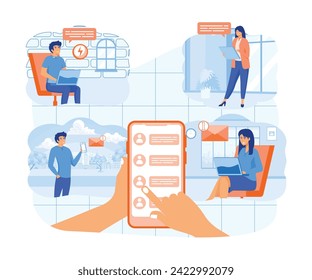  Mobile phone user sharing news online, sending messages to friends, holding cellphone with contact list on screen. flat vector modern illustration 
