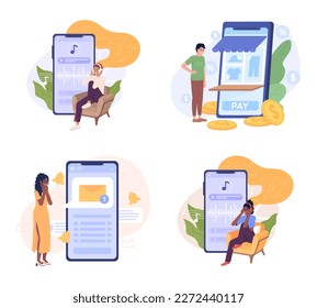 Mobile phone users flat concept vector spot illustration set. Editable 2D cartoon characters on white for web design. Smartphone for entertainment creative ideas pack for website, mobile, magazine
