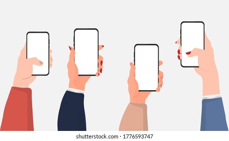 Mobile Phone Users. Hands Holding Smartphones With Blank Screens Over Gray Background. Vector Illustration, Mockup