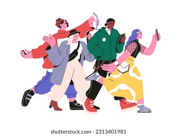 Mobile phone users. People hold smartphones in hands, hurrying to take photo, video content. Online bloggers. Internet addiction concept. Flat graphic vector illustration isolated on white background