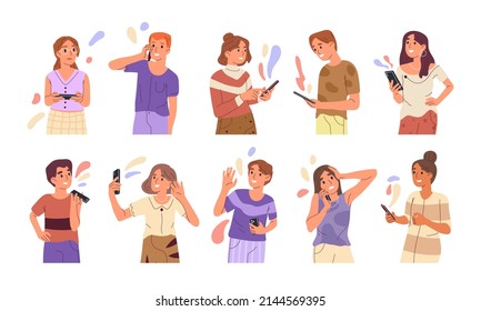 Mobile phone users, people with smartphone, characters social conversation. Teenagers using cellphones, chatting and making selfie vector symbols illustrations. Young people with gadgets