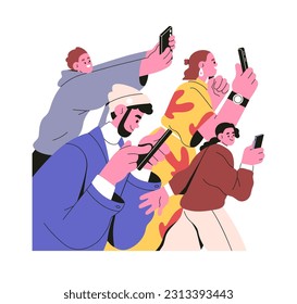 Mobile phone users taking photo, recording videos. Internet addicted people making, sharing content online in social media, network. Flat graphic vector illustration isolated on white background