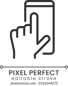 Mobile phone using pixel perfect linear icon. Communication technology. Application interface. Thin line illustration. Contour symbol. Vector outline drawing. Editable stroke. Poppins font used