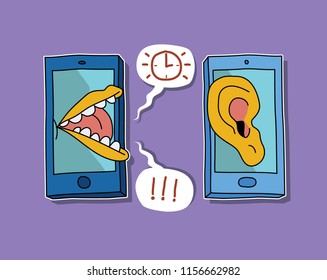 Mobile phone vector drawing, doodle. Ear, mouth, talking, being in time, clock.