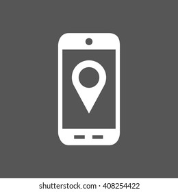 Mobile phone vector flat icon.GPS navigation concept, Smartphone,city application,marker pin pointer.Silhouette.Mobile phone Picture,Image,Graphic.Grey background,Illustration.