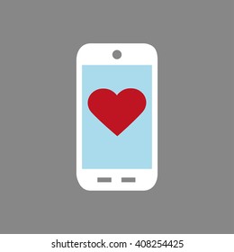Mobile phone vector flat icon with red heart buttons. Picture,Image,Graphic.White silhouette,Illustration.Love message,romantic sign.Valentine day symbol. Smartphone 