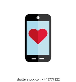 Mobile phone vector flat icon with red heart buttons.Picture, Image,Graphic.Black silhouette isolated on white,Illustration.Love message,romantic sign.Valentine day symbol.