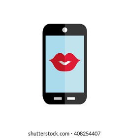 Mobile phone vector flat icon,red kissing lips buttons. Picture,Image,Graphic.Blak smartphone silhouette isolated on white,Illustration.Love message,romantic sign.Valentine day symbol.