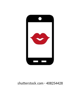 Mobile phone vector flat icon,red kissing lips buttons. Picture,Image,Graphic.Blak smartphone silhouette isolated on white,Illustration.Love message,romantic sign.Valentine day symbol.
