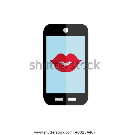 Mobile phone vector flat icon,red kissing lips buttons. Picture,Image,Graphic.Blak smartphone silhouette isolated on white,Illustration.Love message,romantic sign.Valentine day symbol.