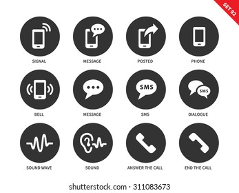 Mobile phone vector icons set. Information technology concept. Web pages and apps items, signal, message, phone, bell, sms, dialogue and sound. Isolated on white background