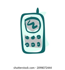 Mobile phone vector illustration. Lined cartoon style mobile device. Blue colors. Simple cell phone design. Old fashioned phone.