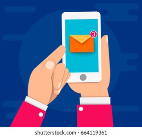 Mobile phone vector illustration, new email notification on , smartphone screen with new unread e-mail, inbox concept. EPS10