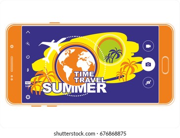 Mobile phone vector illustration. Smart phone.Travel, flight, rest, trip in the summer. Summer travel and tourism background.Logo for travel on a sticker, poster, card.Vector icon.