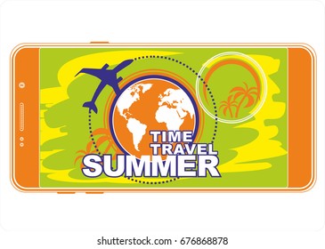 Mobile phone vector illustration. Smart phone.Travel, flight, rest, trip in the summer. Summer travel and tourism background.Logo for travel on a sticker, poster, card.Vector icon.
