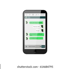 Mobile phone. Vector illustration. Social network concept. Vector. Messenger window. Chating and messaging concept. Green chat boxes. 