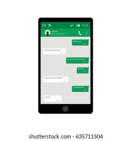 Mobile phone. Vector illustration. Social network concept. Vector. Messenger window. Chating and messaging concept. Green chat boxes.