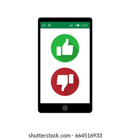 Mobile Phone. Vector Illustration. Social Network Concept. Vector. App Window. Chating And Messaging Concept. Green And Red Thumbs Up And Down Buttons. Feedback Emoji  Icon Vector Illustration.