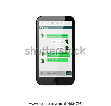 Mobile phone. Vector illustration. Social network concept. Vector. Messenger window. Chating and messaging concept. Green chat boxes. 