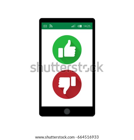 Mobile phone. Vector illustration. Social network concept. Vector. App window. Chating and messaging concept. Green and red thumbs up and down buttons. Feedback emoji  icon vector illustration.
