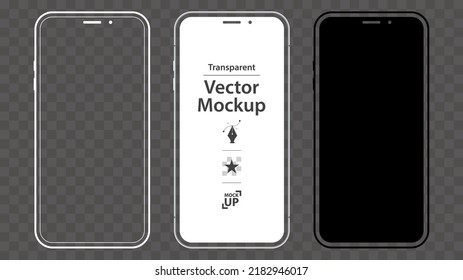 Mobile Phone Vector Mockup Design Set. Smartphone template with black, white, transparent screen. - Shutterstock ID 2182946017