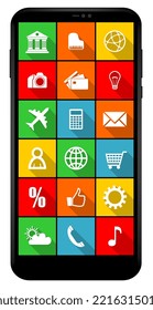 Mobile phone vector mockup. Front view of multimedia smartphone with application icons